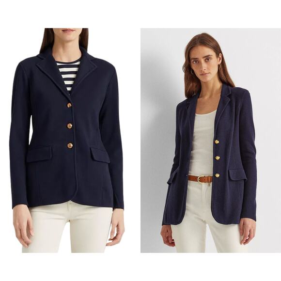 LAUREN RALPH LAUREN Navy Sweater-Knit Blazer Petite Small - Picture 1 of 12